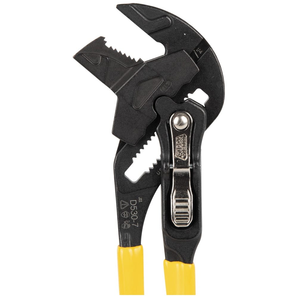 Detail shot of the 7-inch adjustable plier wrench head illustrating the parallel jaw design and the grooved adjustment track for precise sizing on various fasteners.