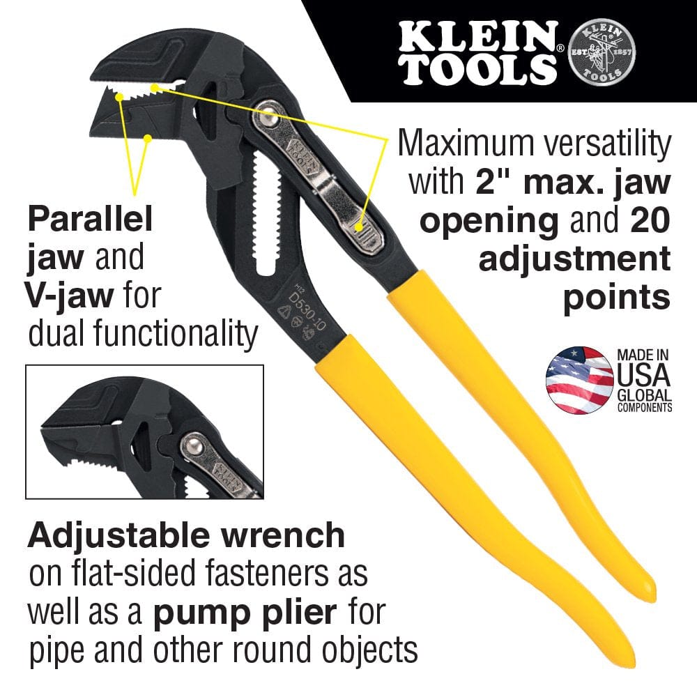 Infographic for the 10-inch Klein Tools plier wrench highlighting dual functionality with a parallel jaw and V-jaw, a 2-inch maximum jaw opening, and 20 adjustment points.