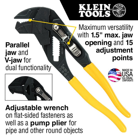 Infographic for the 7-inch Klein Tools plier wrench highlighting a 1.5-inch maximum jaw opening and 15 adjustment points, demonstrating its use as both an adjustable wrench and pump plier.