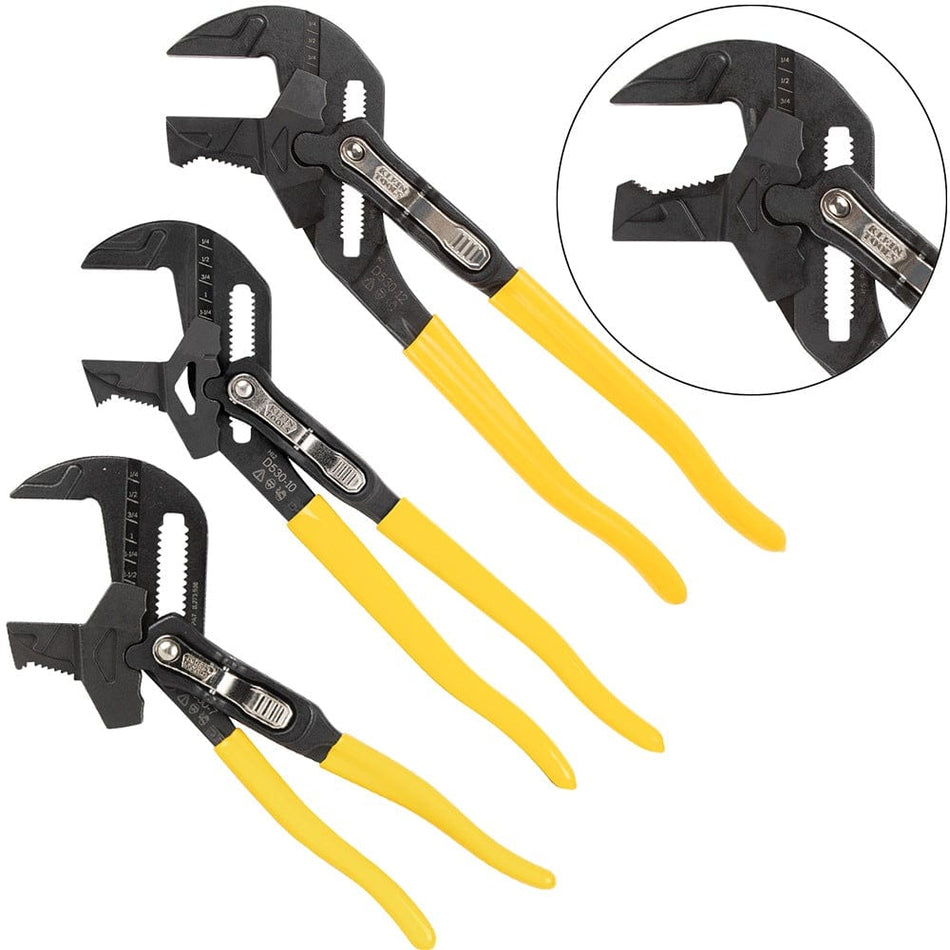 A 3-piece Klein Tools adjustable parallel jaw plier wrench set including 7-inch, 10-inch, and 12-inch sizes with yellow comfort-grip handles and a circular inset showing a close-up of the reversible jaw mechanism.