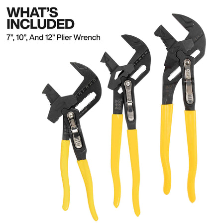 Product display showing what is included in the Klein Tools D53003KIT: three adjustable plier wrenches in 7-inch, 10-inch, and 12-inch lengths designed for professional mechanical and plumbing applications.