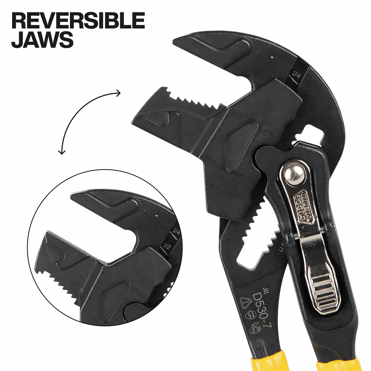 Demonstration of the reversible jaw feature on a Klein Tools plier wrench, showing how the head can be flipped between a smooth parallel surface and a knurled teeth surface for extra bite on pipes.