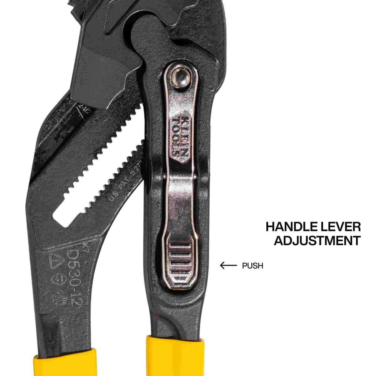 Detailed view of the handle lever adjustment on a Klein Tools D530-12 plier wrench, featuring a push-button mechanism that minimizes hand travel and allows for fast size adjustments in confined spaces.