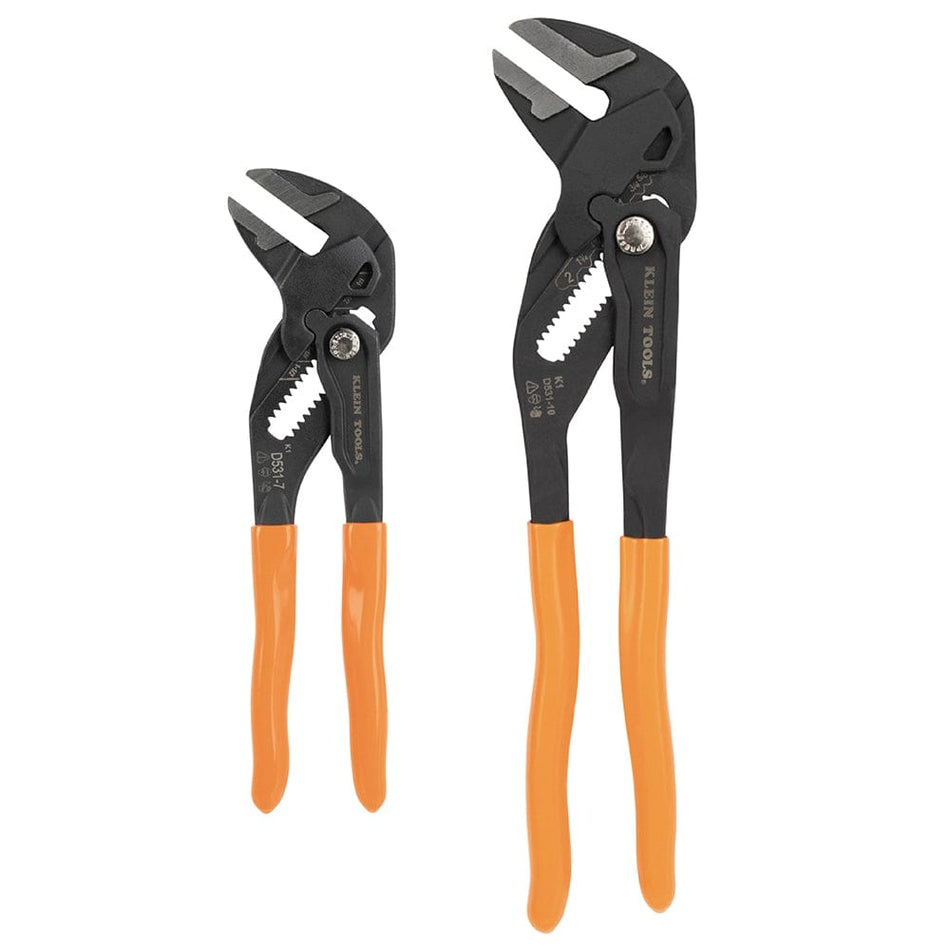 A 2-piece Klein Tools D53102KIT compact plier wrench set featuring 7-inch and 10-inch parallel jaw pliers with orange comfort-grip handles.