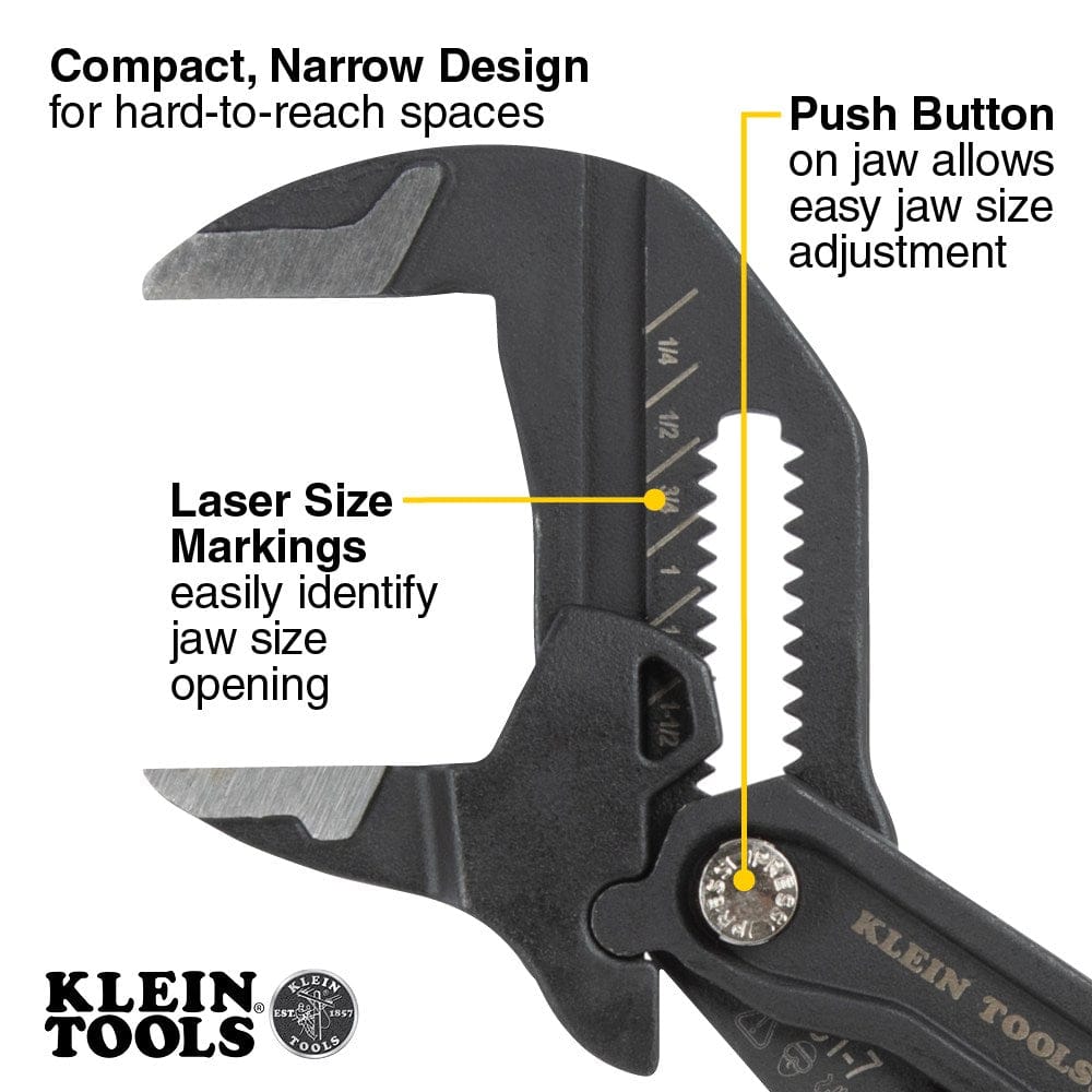Close-up of a Klein Tools compact plier wrench head highlighting the narrow design for hard-to-reach spaces, laser size markings, and the push-button adjustment.