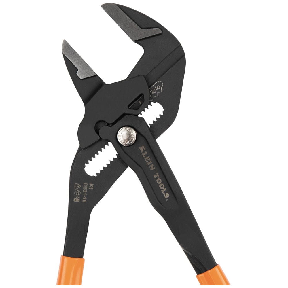 Close-up profile of the 10-inch Klein Tools compact plier wrench jaws partially opened, showcasing the forged steel construction and etched size markings.