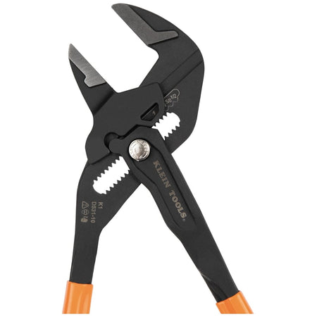 Close-up profile of the 10-inch Klein Tools compact plier wrench jaws partially opened, showcasing the forged steel construction and etched size markings.