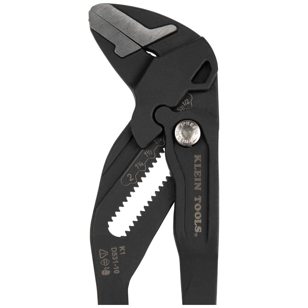 Side view of the 10-inch Klein Tools D531-10 compact plier wrench head fully closed, emphasizing the flush parallel jaw alignment for non-marring gripping.
