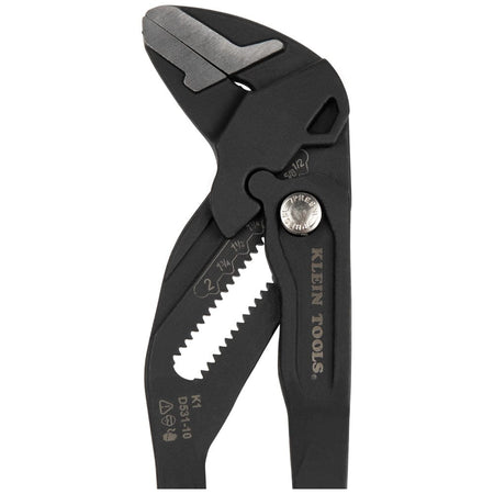 Side view of the 10-inch Klein Tools D531-10 compact plier wrench head fully closed, emphasizing the flush parallel jaw alignment for non-marring gripping.
