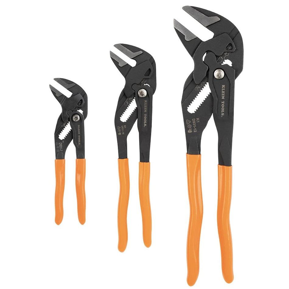 A 3-piece Klein Tools D53103KIT compact plier wrench set including 7-inch, 10-inch, and 12-inch parallel jaw adjustable pliers with orange comfort-grip handles.