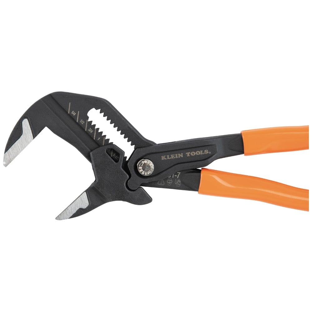 Side view of a 7-inch Klein Tools compact plier wrench from the D53103KIT set with jaws open, showing the smooth parallel jaw design and orange handle.