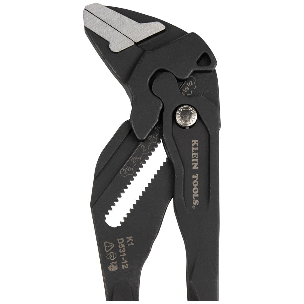Side view of the 12-inch Klein Tools D531-12 compact plier wrench head fully closed, emphasizing the flush parallel jaw alignment for non-marring, damage-free gripping.