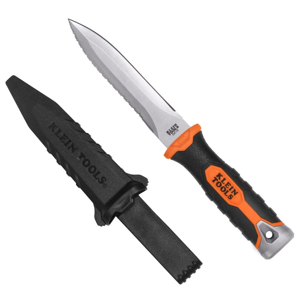 Studio view of the Klein Tools double-edged duct knife featuring a stainless steel blade and orange and black handle, displayed next to its black locking sheath.