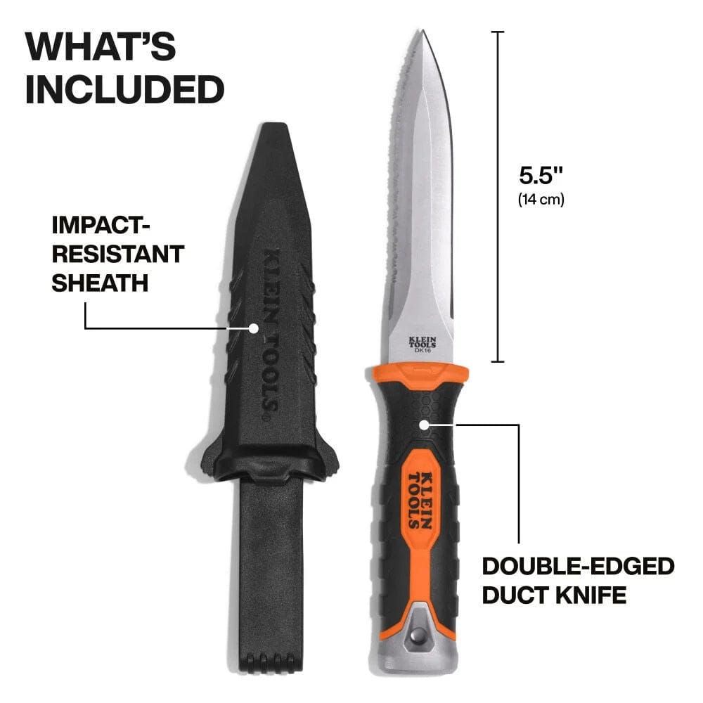 Infographic showing the knife's 5.5 inch blade length and listing the included components: the double-edged duct knife and the impact-resistant sheath.