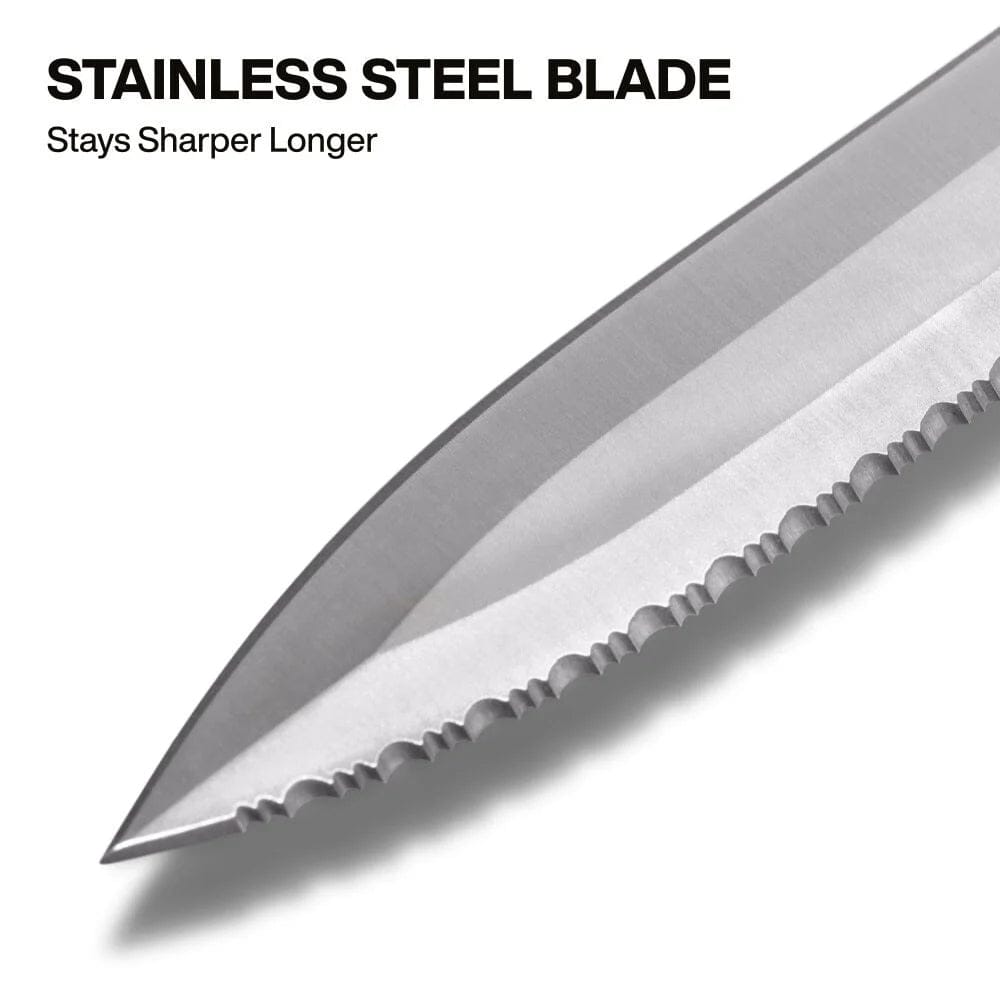 Detail view of the stainless steel blade tip, emphasizing the precision ground edge and serrations designed to stay sharper longer.