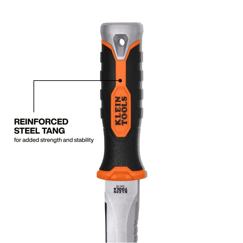 Close-up of the orange and black handle, indicating the internal reinforced steel tang that provides added strength and stability.