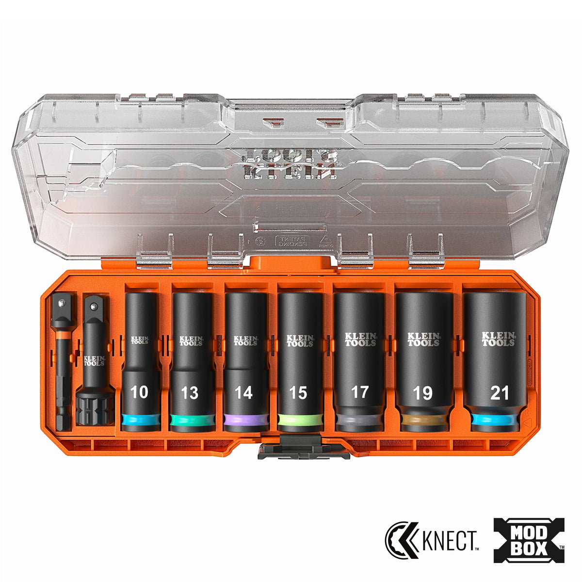 Klein Tools 65109IMPCTM 9-piece deep-well metric set open in its MODbox storage tray showing 7 sockets and two drive adapters.