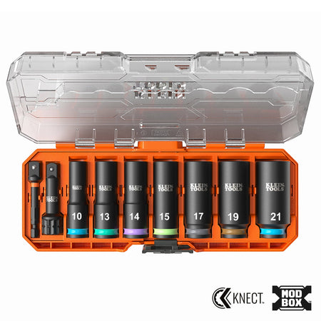 Klein Tools 65109IMPCTM 9-piece deep-well metric set open in its MODbox storage tray showing 7 sockets and two drive adapters.