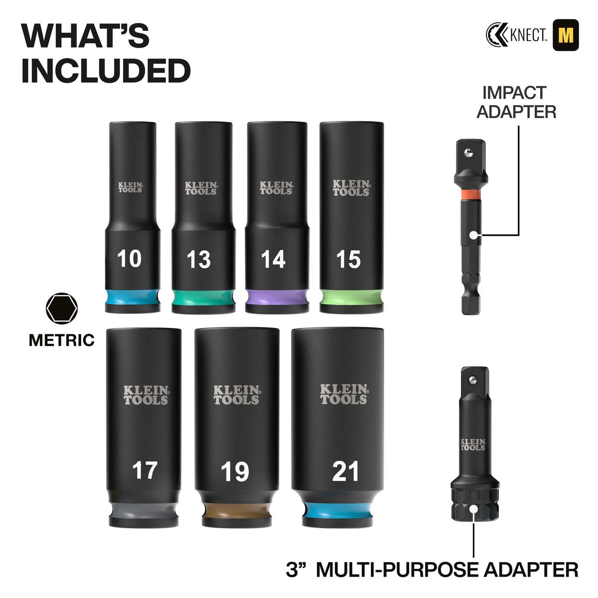 Diagram detailing included pieces in the Klein 65109IMPCTM set, featuring seven metric sockets, 1/4-inch hex adapter, and extension shaft.