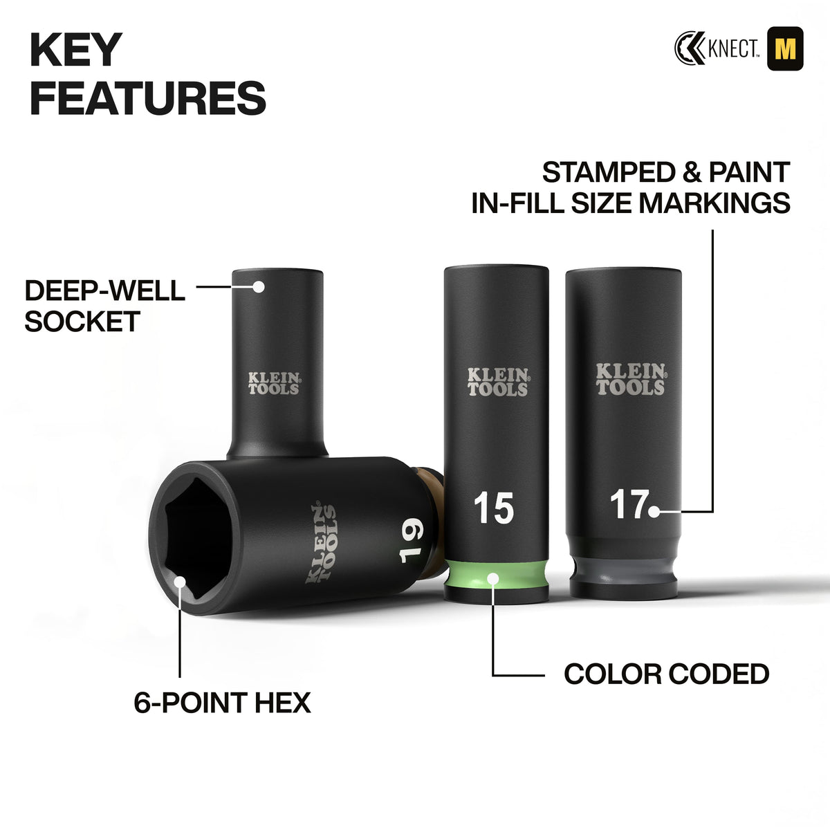 Diagram highlighting features of Klein 3/8-inch deep-well metric sockets, including 6-point hex walls, stamped sizes, and color rings.