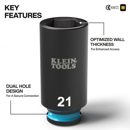 Close-up diagram of a Klein 21 mm deep-well socket illustrating its optimized thin-wall thickness and dual retaining pin hole design.