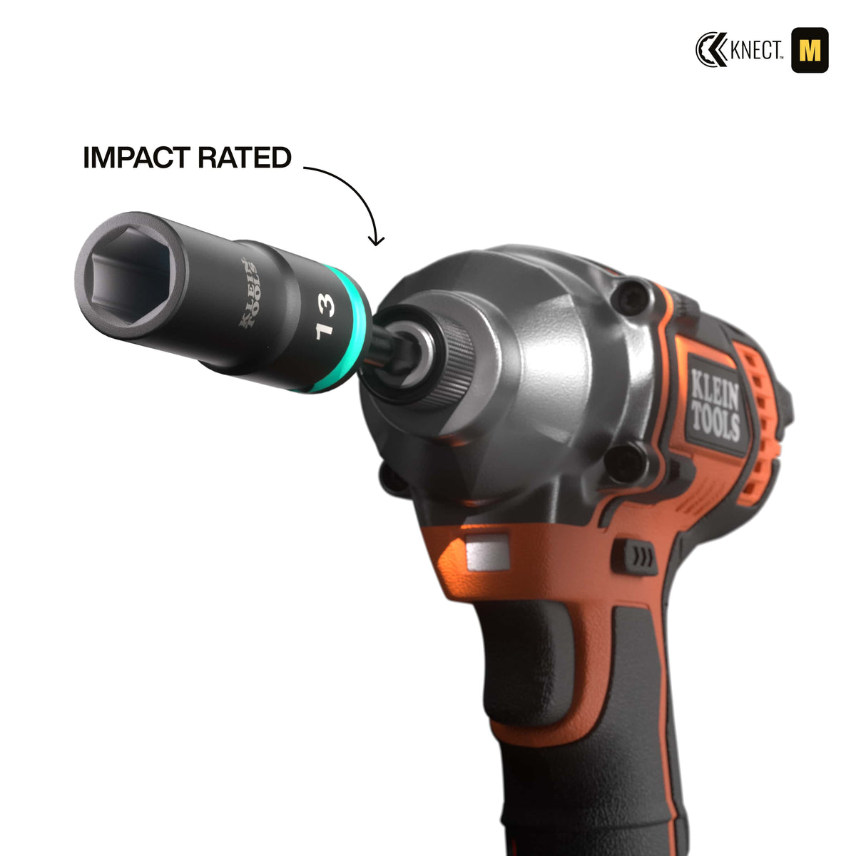 Cordless power impact driver fitted with a Klein 13 mm metric deep-well socket using the included 1/4-inch hex adapter shaft.