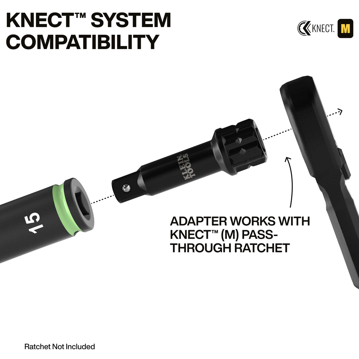 Diagram demonstrating how the Klein 3-inch KNECT adapter connects a 15 mm metric impact socket directly to a pass-through ratchet.