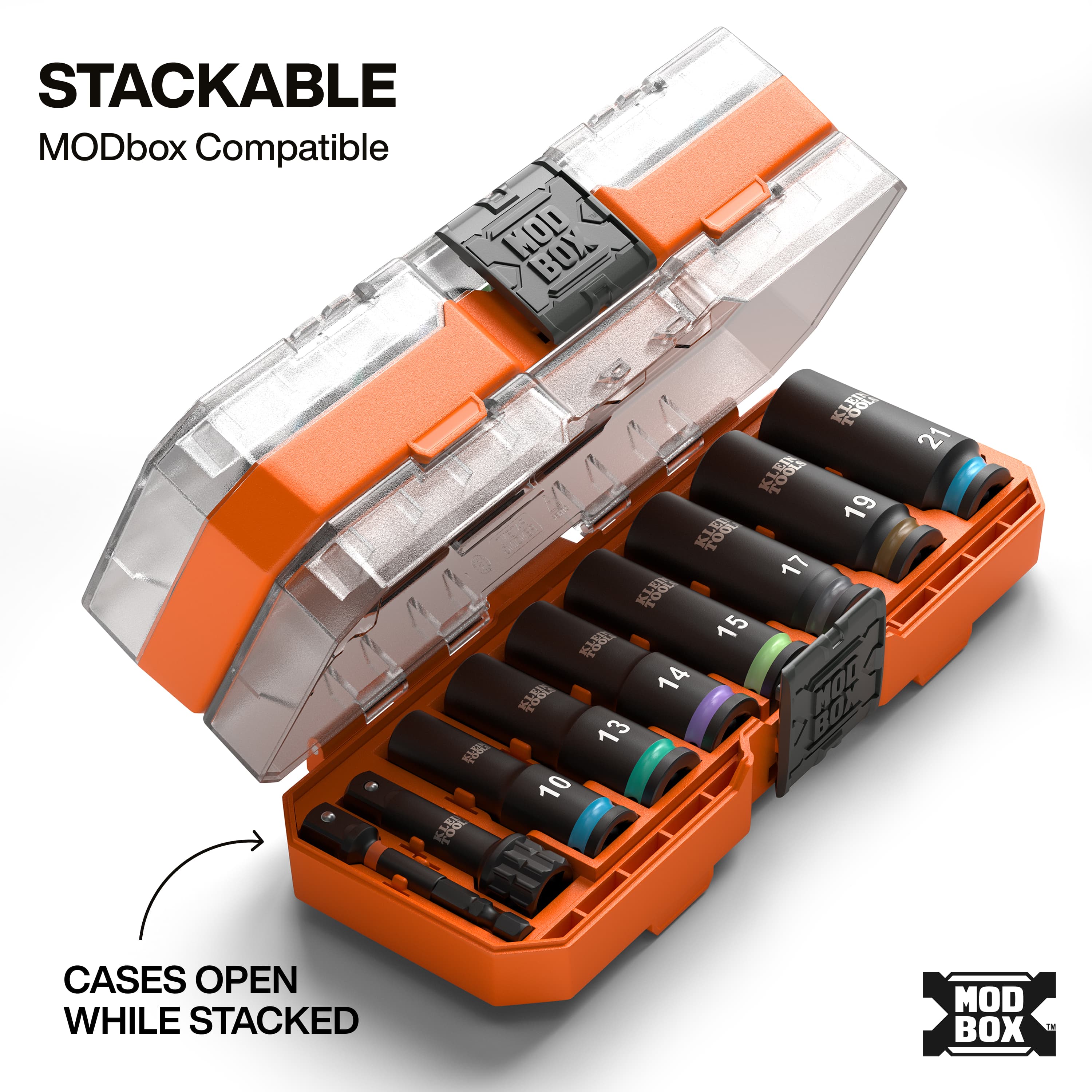 Klein 65109IMPCTM clear-lid MODbox accessory cases stacked together, illustrating independent lid operation during active jobsite use.