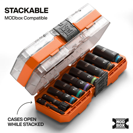 Klein 65109IMPCTM clear-lid MODbox accessory cases stacked together, illustrating independent lid operation during active jobsite use.