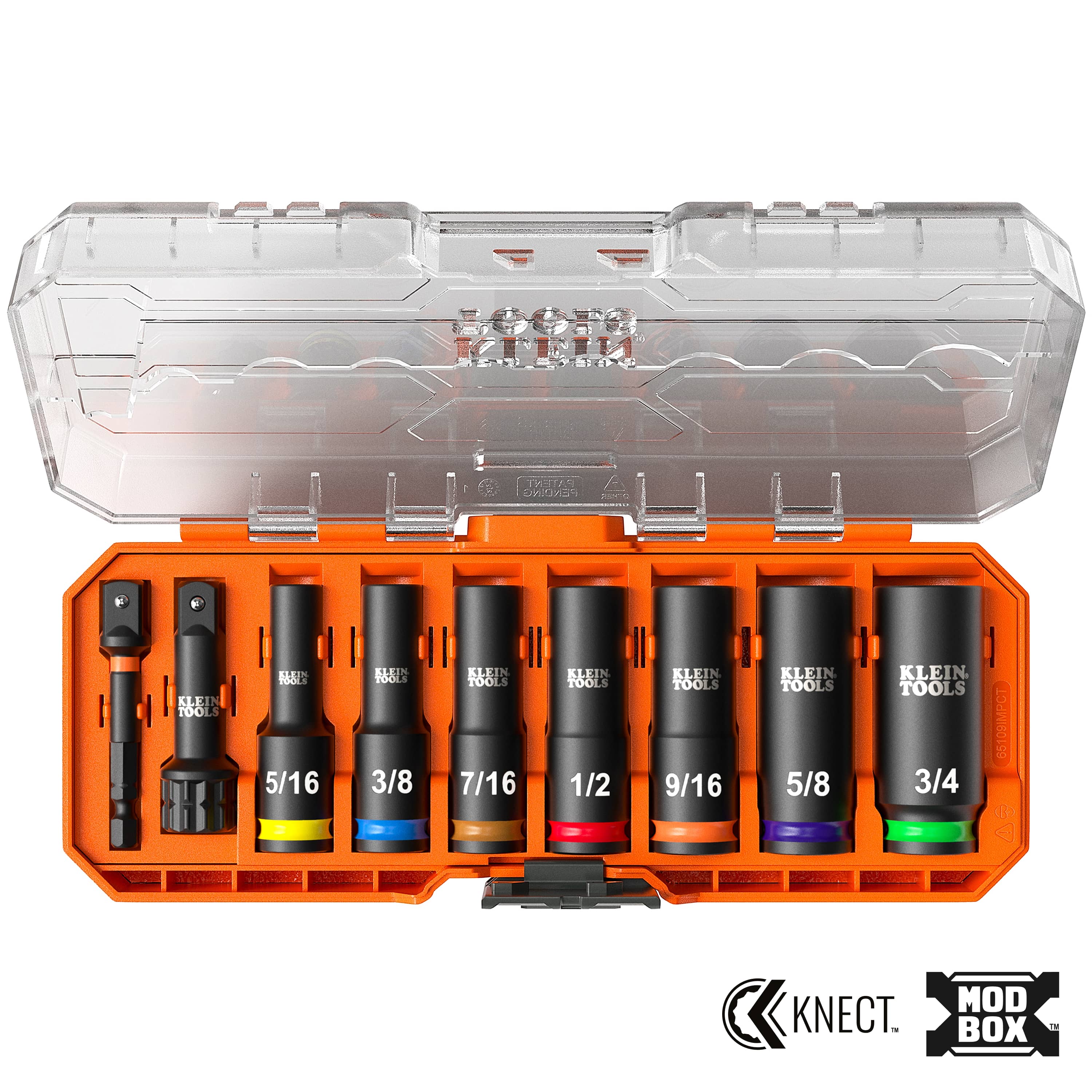 Klein Tools 65109IMPCT 9-piece deep-well impact set arranged inside an open MODbox storage case showing 7 SAE sockets and two adapters.