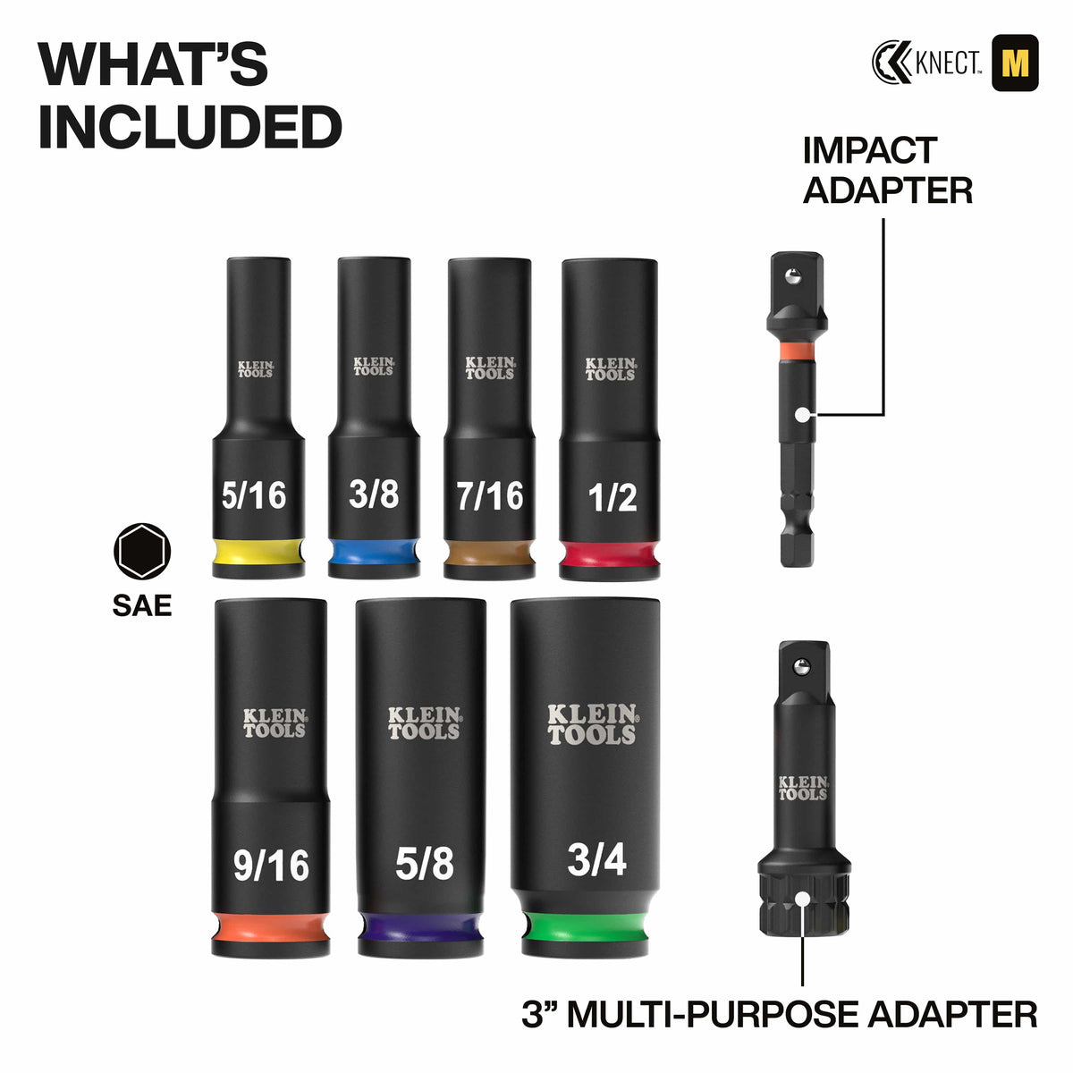 Diagram detailing included pieces in the Klein 65109IMPCT kit, featuring seven SAE impact sockets, a 1/4-inch hex adapter, and multi-purpose extension.