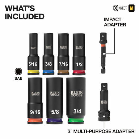 Diagram detailing included pieces in the Klein 65109IMPCT kit, featuring seven SAE impact sockets, a 1/4-inch hex adapter, and multi-purpose extension.
