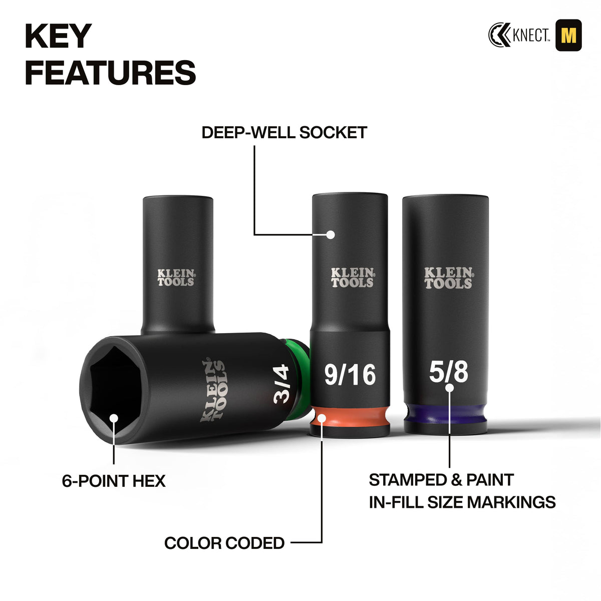 Diagram highlighting key features of Klein 3/8-inch deep-well sockets, including 6-point hex geometry, stamped size callouts, and color-coded rings.