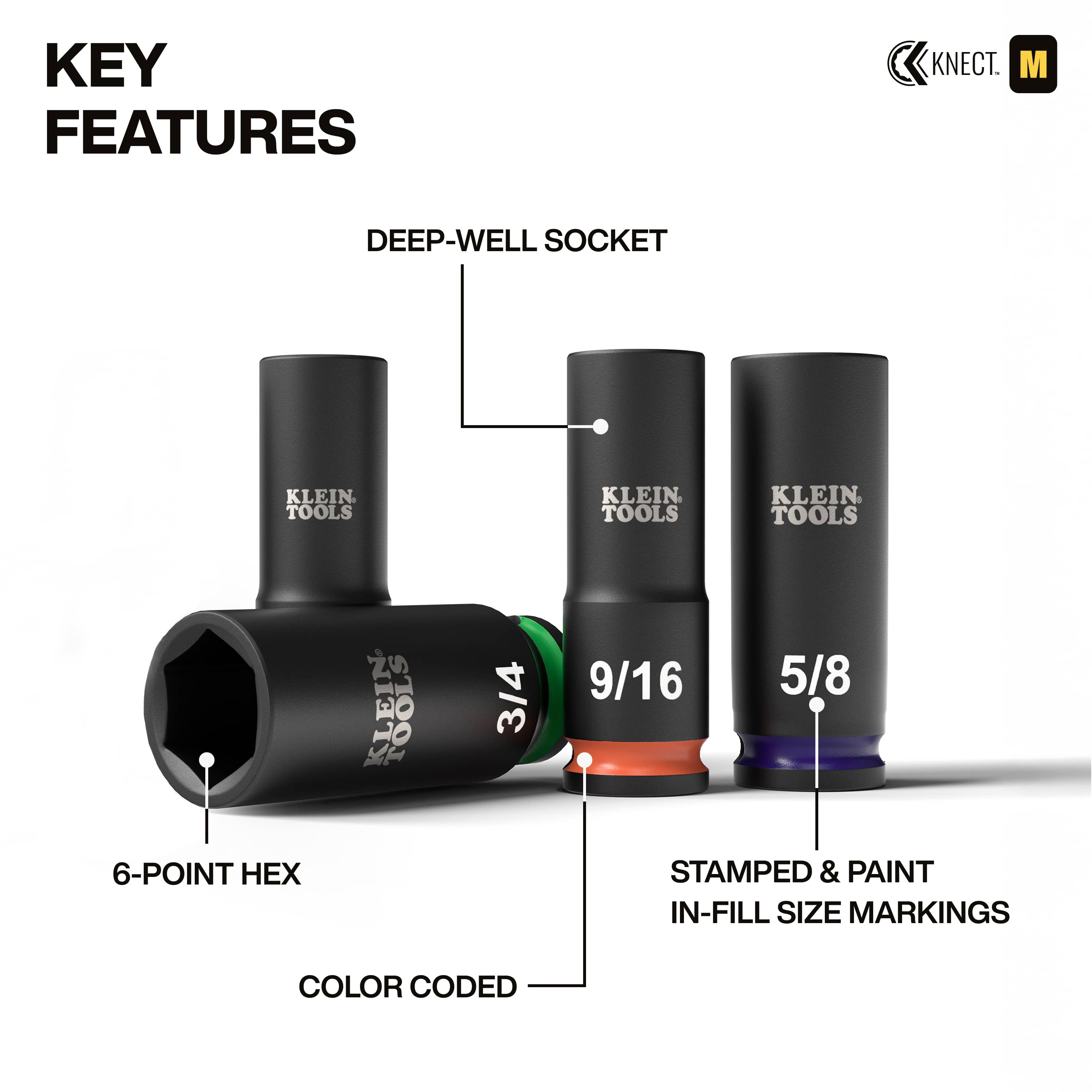 Diagram highlighting key features of Klein 3/8-inch deep-well sockets, including 6-point hex geometry, stamped size callouts, and color-coded rings.