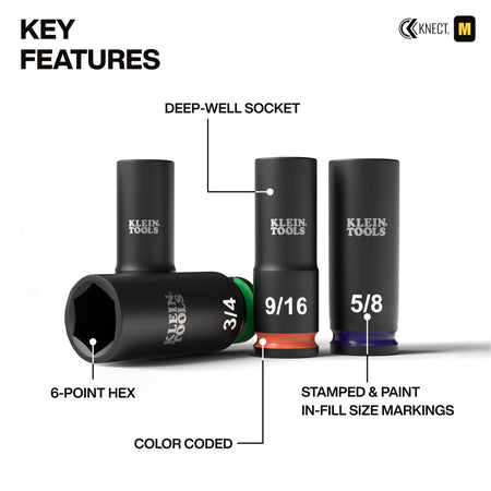 Diagram highlighting key features of Klein 3/8-inch deep-well sockets, including 6-point hex geometry, stamped size callouts, and color-coded rings.