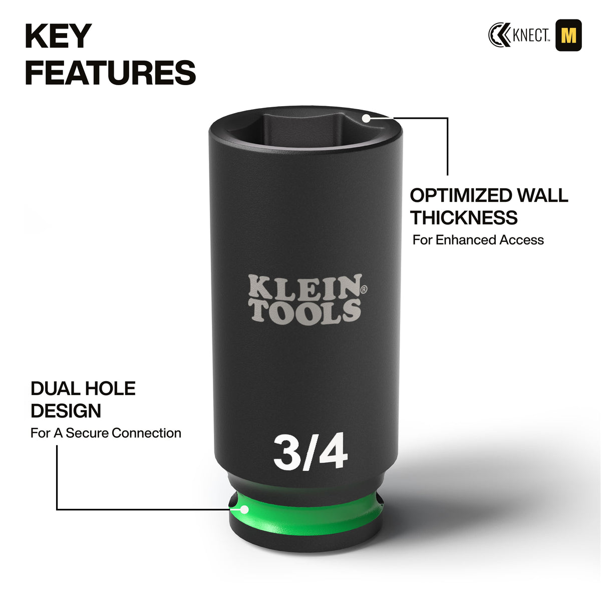Close-up diagram of a Klein 3/4-inch deep impact socket illustrating its optimized thin-wall thickness and dual retaining pin hole design.
