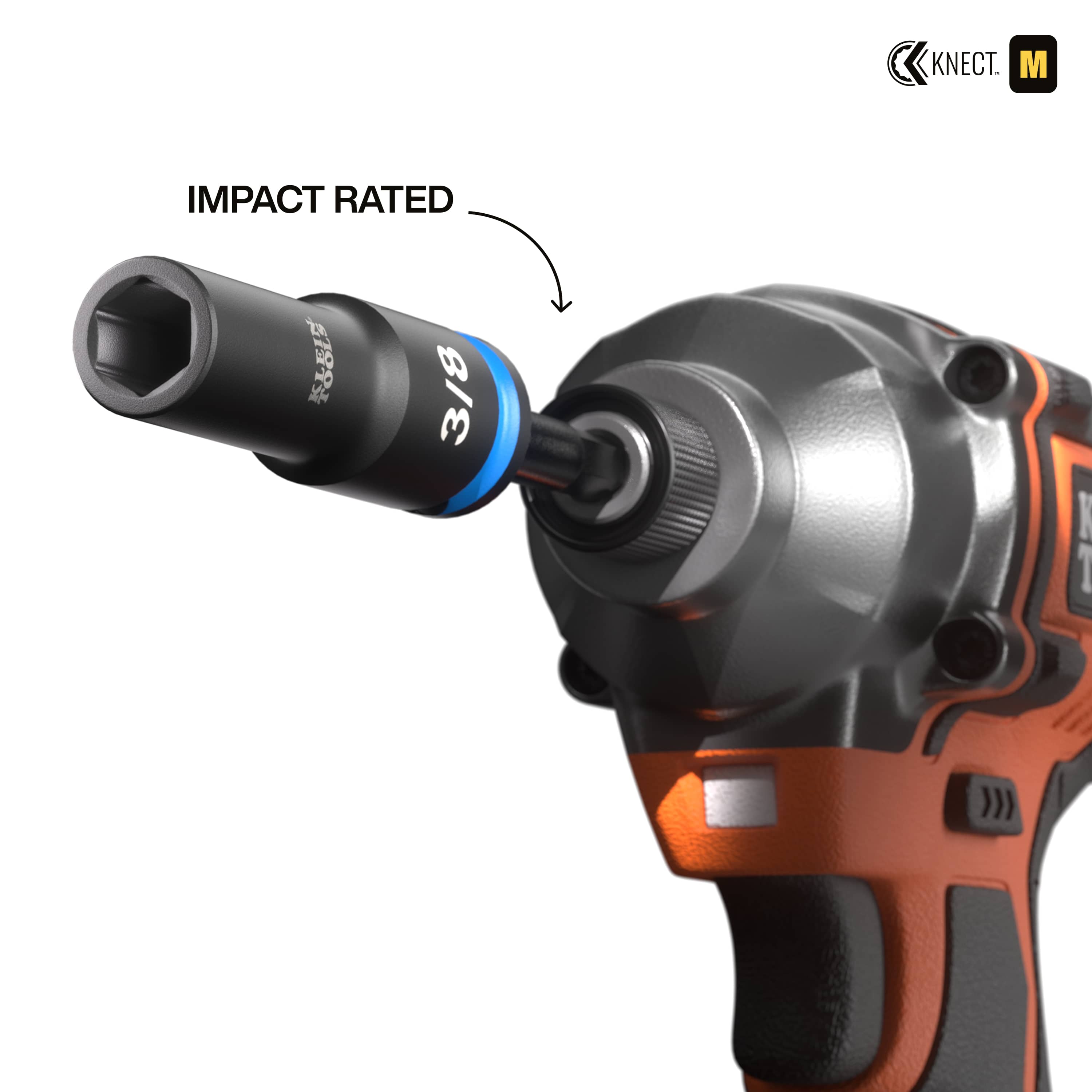 Cordless power impact driver equipped with a Klein 3/8-inch drive deep-well socket using the included 3-inch hex impact adapter shaft.