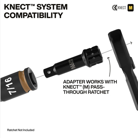 Diagram demonstrating how the Klein 3-inch KNECT multi-purpose adapter connects a 7/16-inch impact socket directly to a pass-through ratchet.