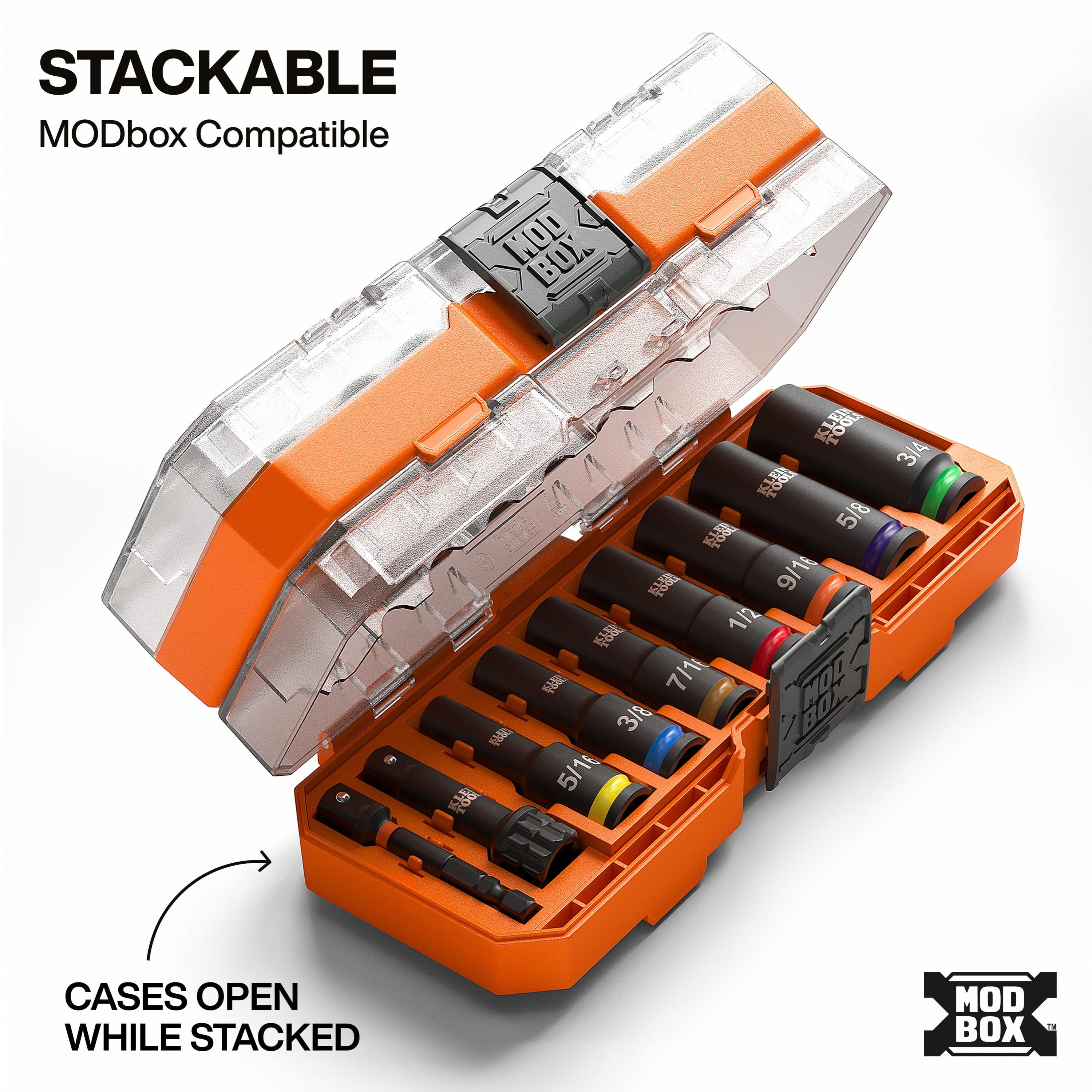 Klein 65109IMPCT clear-lid MODbox accessory cases stacked together, illustrating independent lid clearance for quick tool retrieval on job sites.