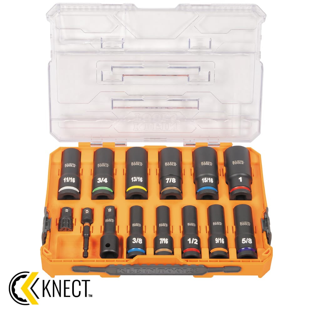 Klein Tools 65111IMPCT 14-piece deep well set organized inside an open MODbox case displaying 11 SAE sockets and impact adapters.