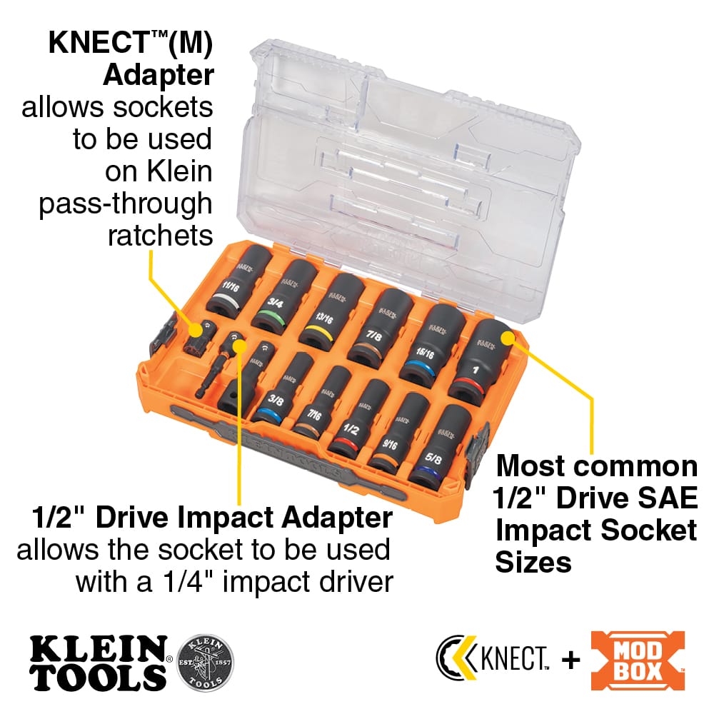 Diagram highlighting features of the Klein 65111IMPCT kit, including pass-through ratchet adapter, 1/4-inch driver adapter, and common SAE sizes.