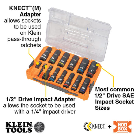 Diagram highlighting features of the Klein 65111IMPCT kit, including pass-through ratchet adapter, 1/4-inch driver adapter, and common SAE sizes.