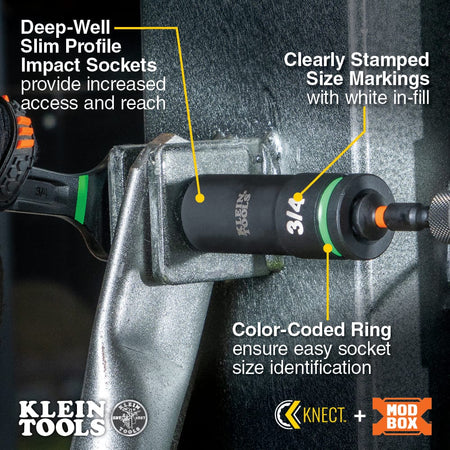 Close-up diagram of a Klein 3/4-inch deep socket showing slim-profile walls, stamped white size markings, and color-coded identification rings.