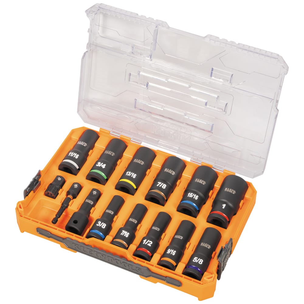 Angled view of the Klein 65111IMPCT impact socket kit opened in its orange MODbox storage tray with clear protective cover.