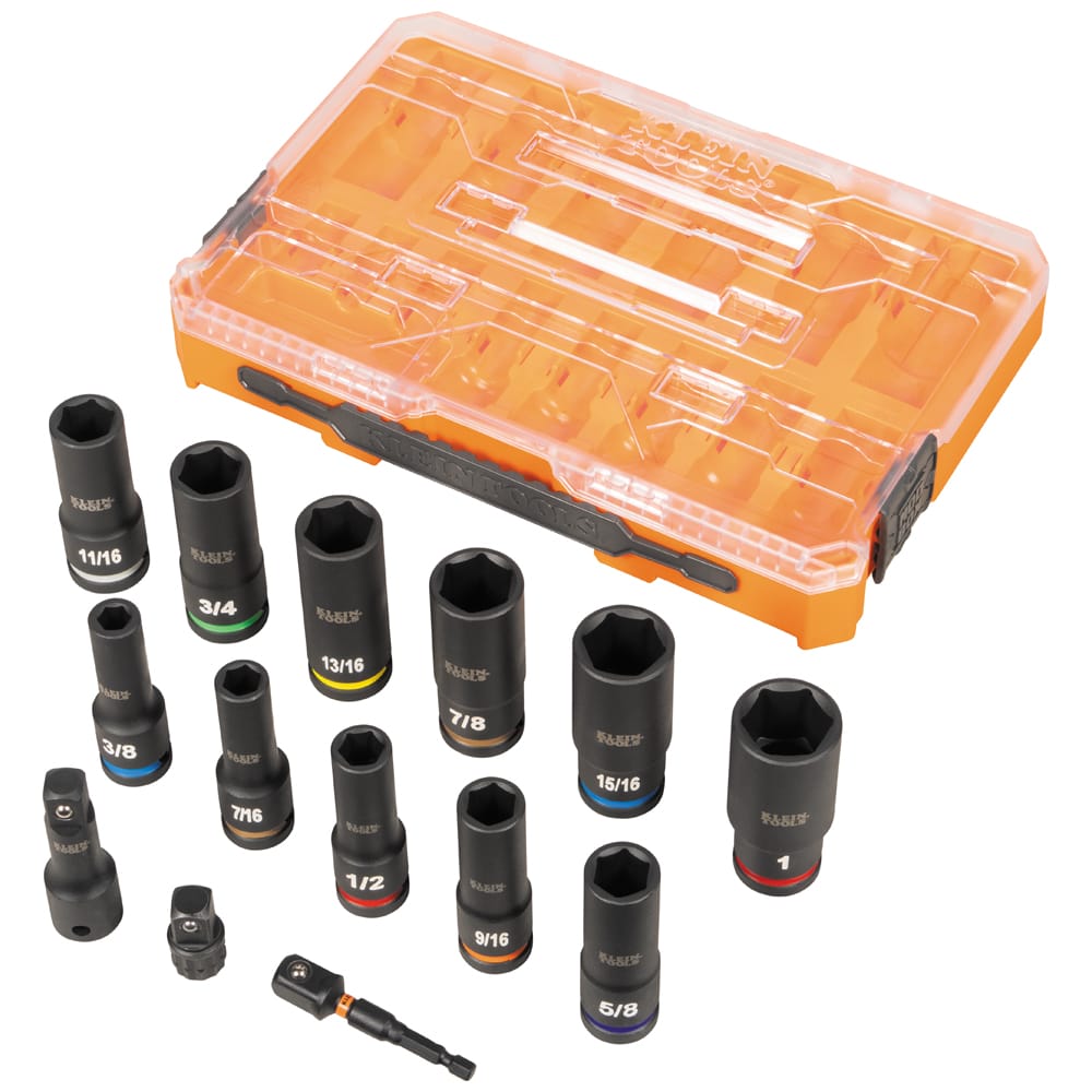 Klein Tools 65111IMPCT 14-piece set components removed from case, displaying 11 Cr-Mo deep sockets, extension, and drive adapters.