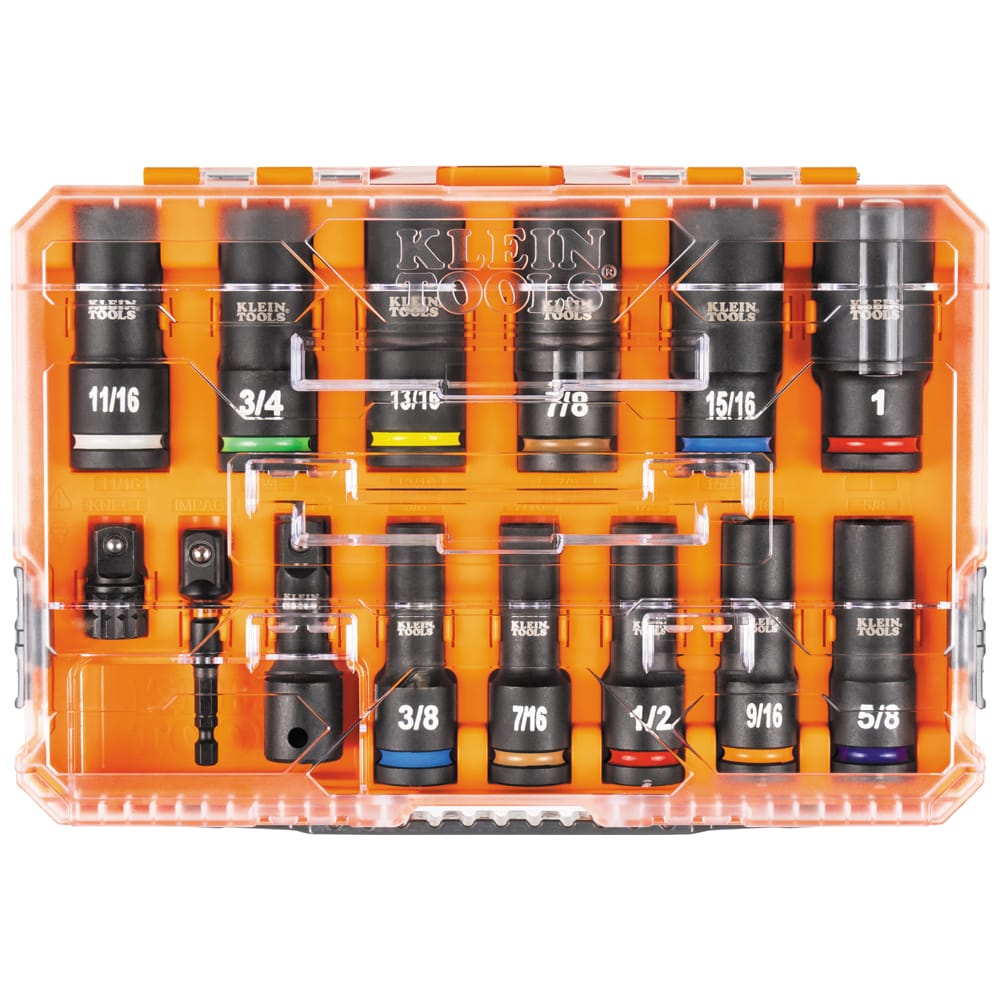 Top-down view of the Klein Tools 65111IMPCT set secured inside its clear MODbox organizer case ready for jobsite carrying.