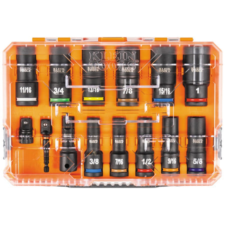 Top-down view of the Klein Tools 65111IMPCT set secured inside its clear MODbox organizer case ready for jobsite carrying.