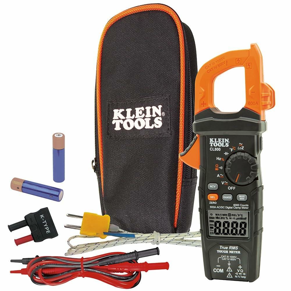 K92VgwJfeSULvhjrSeY1H.jpeg
Klein Tools CL800 clamp meter kit with carrying case, test leads, thermocouple adapter, alligator clips, and batteries arranged for organized transport.
