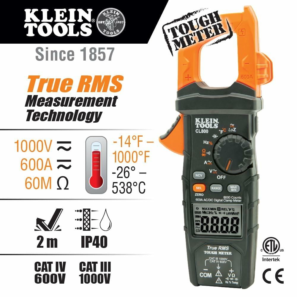 Promotional graphic of Klein Tools CL800 clamp meter with key specs including 600A current, 1000V voltage, True RMS, IP40 rating, and CAT IV safety certification