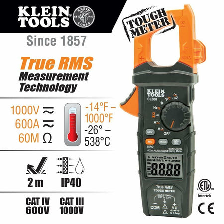Promotional graphic of Klein Tools CL800 clamp meter with key specs including 600A current, 1000V voltage, True RMS, IP40 rating, and CAT IV safety certification